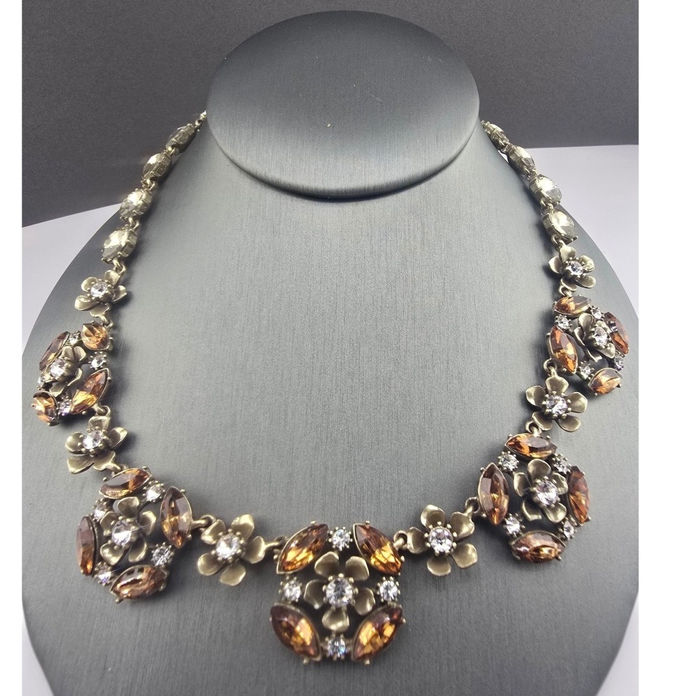 Vintage Ann Taylor Necklace Gold Orange Floral Rhinestone Statement 17in